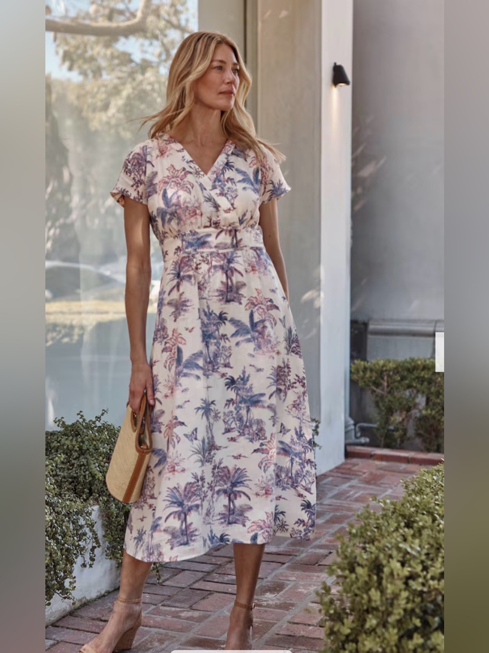 NWT J Jill Printed 100% Linen Midi Dress pale rose vintage toile coastal sz XL